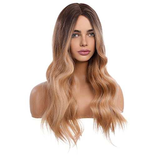 HAIRCUBE Long Curly Brown Wig with long loose waves, dark brown roots blending into warm blonde ends and a center part