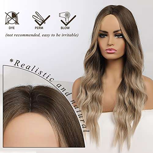 HAIRCUBE Long Curly Brown Wig with long loose waves, dark brown roots fading to blonde ends and a middle part