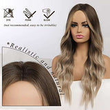 HAIRCUBE Long Curly Brown Wig with long loose waves, dark brown roots fading to blonde ends and a middle part