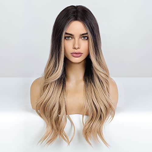 HAIRCUBE Long Curly Brown Wig with long synthetic waves, dark brown roots, blonde ombré lengths and a middle part