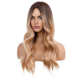 HAIRCUBE Long Curly Brown Wig with long loose waves, dark brown roots fading to blonde, and a center part