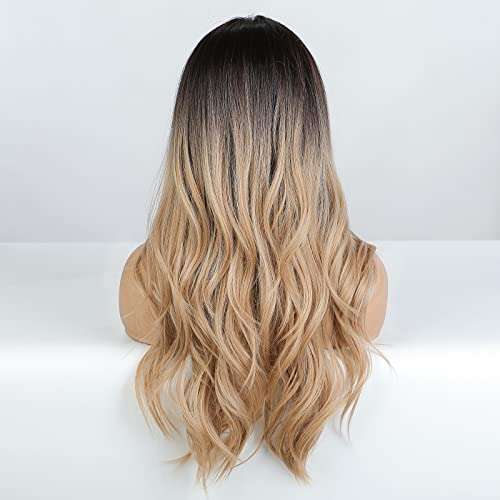 HAIRCUBE Long Curly Brown Wig with long synthetic waves, dark roots fading to blonde, and layered loose curls
