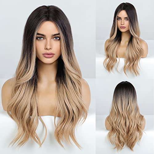 HAIRCUBE Long Curly Brown Wig with long loose waves, dark brown roots fading to blonde ends and a middle part