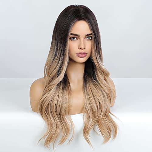 HAIRCUBE Long Curly Brown Wig with long loose waves, dark brown roots fading to blonde lengths and a middle part