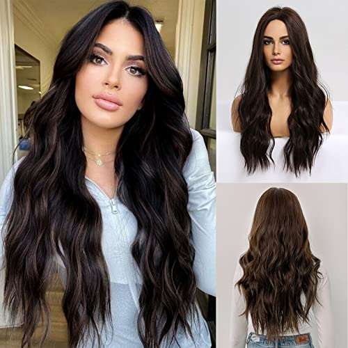 HAIRCUBE Long Curly Brown Wig with long, dark brown synthetic waves, a center part and loose cascading curls