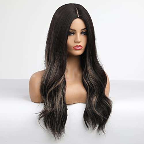 HAIRCUBE Long Curly Brown Wig with long dark brown waves, a smooth synthetic texture and a centered middle part.