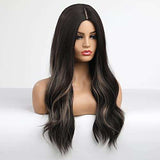 HAIRCUBE Long Curly Brown Wig with long dark brown waves, a smooth synthetic texture and a centered middle part.