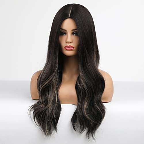 HAIRCUBE Long Curly Brown Wig with long dark brown wavy synthetic hair and a defined middle part