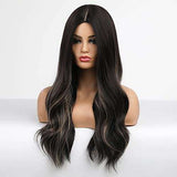 HAIRCUBE Long Curly Brown Wig with long dark brown wavy synthetic hair and a defined middle part