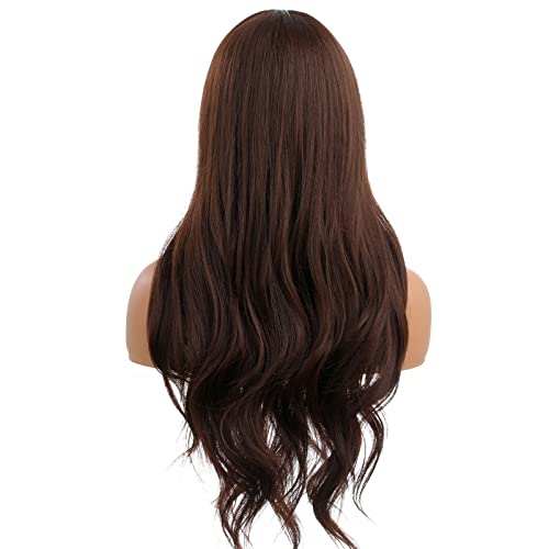 HAIRCUBE Long Curly Brown Wig in deep brown synthetic hair, shown from the back with long, loose waves and tapered ends
