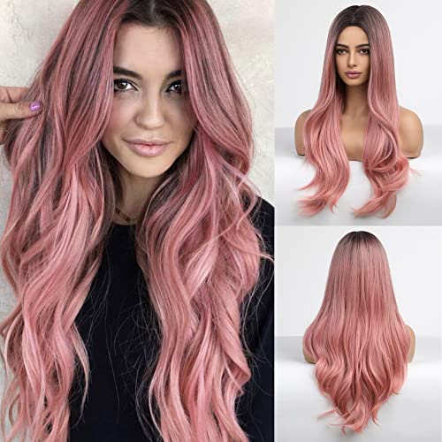 HAIRCUBE Long Curly Brown Wig with long, loose waves in dusty rose pink and a centre part, shown front and back