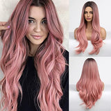 HAIRCUBE Long Curly Brown Wig with long, loose waves in dusty rose pink and a centre part, shown front and back
