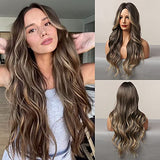 HAIRCUBE Long Curly Brown Wig with long, voluminous brown waves, lighter highlights, and a middle part