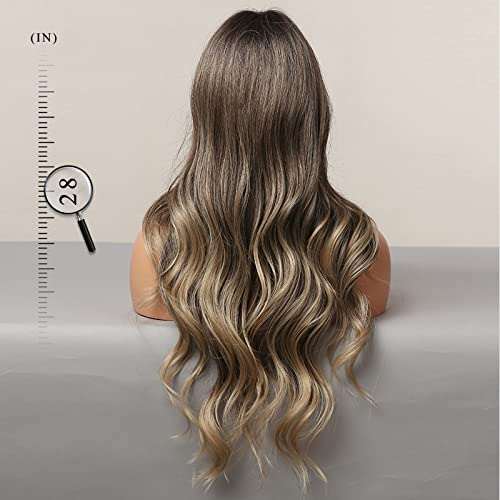 HAIRCUBE Long Curly Brown Wig with long wavy brown synthetic hair, lighter blonde highlights, and layered curls