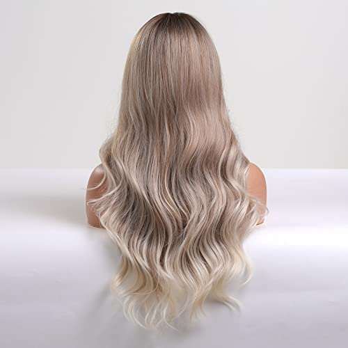 HAIRCUBE Long Curly Brown Wig with long loose waves fading from light brown roots to pale blonde ends
