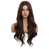 HAIRCUBE Long Curly Brown Wig with long dark brown wavy synthetic hair and a center part, shown on a mannequin