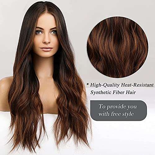 HAIRCUBE Long Curly Brown Wig with long, glossy dark brown synthetic curls and a defined middle part.