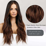 HAIRCUBE Long Curly Brown Wig with long, glossy dark brown synthetic curls and a defined middle part.