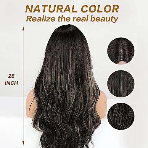 HAIRCUBE Long Curly Brown Wig with long, dark brown synthetic waves, a natural-looking middle part and 28-inch length