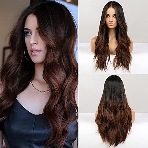 HAIRCUBE Long Curly Brown Wig with long, loose dark brown waves, a center part, and smooth synthetic strands