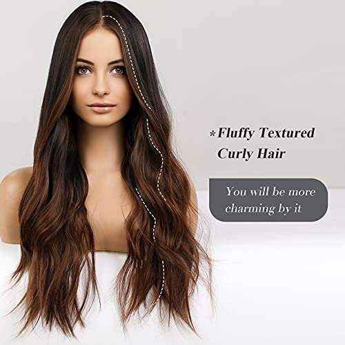 HAIRCUBE Long Curly Brown Wig with long, dark brown synthetic waves, a center part and fluffy textured curls