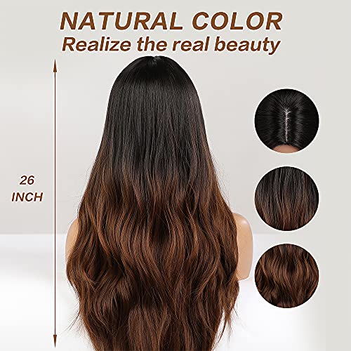 HAIRCUBE Long Curly Brown Wig with long dark brown wavy curls, natural-looking color, and a center part detail