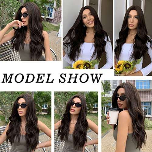 HAIRCUBE Long Curly Brown Wig with long, dark brown synthetic waves, a middle part and natural-looking volume