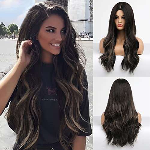 HAIRCUBE Long Curly Brown Wig with long dark brown waves, center part, and layered curls shown from front and back
