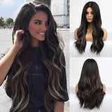 HAIRCUBE Long Curly Brown Wig with long dark brown waves, center part, and layered curls shown from front and back