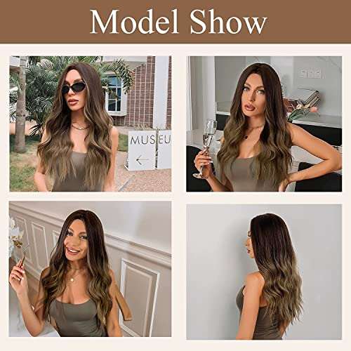 HAIRCUBE Long Curly Brown Wig with long loose waves, dark brown roots fading to lighter brown ends and a middle part