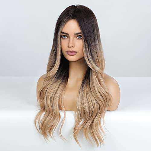 HAIRCUBE Long Curly Brown Wig with long loose waves, dark brown roots fading to blonde, and a center part