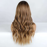 HAIRCUBE Long Curly Brown Wig with long synthetic waves, dark brown roots blending into lighter brown ends