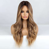 HAIRCUBE Long Curly Brown Wig with long, loose waves, a center part and blended dark brown roots fading to lighter ends