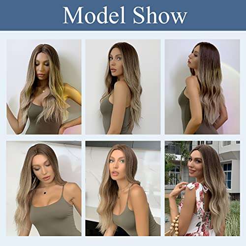 HAIRCUBE Long Curly Brown Wig with long, loose brown waves, a center part, and lighter highlights modeled in several styles