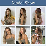 HAIRCUBE Long Curly Brown Wig with long, loose brown waves, a center part, and lighter highlights modeled in several styles