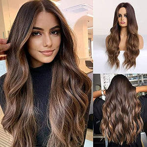 HAIRCUBE Long Curly Brown Wig with long, voluminous brown waves, a center part, and synthetic hair