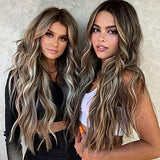 HAIRCUBE Long Curly Brown Wig with long, loose waves and brown hair accented by blonde highlights, worn by two models
