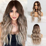 HAIRCUBE Long Curly Brown Wig with long loose waves, dark brown roots, and lighter ash-brown blended ends
