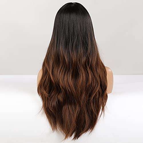HAIRCUBE Long Curly Brown Wig with long, glossy synthetic hair, dark roots fading to warm brown waves and curls