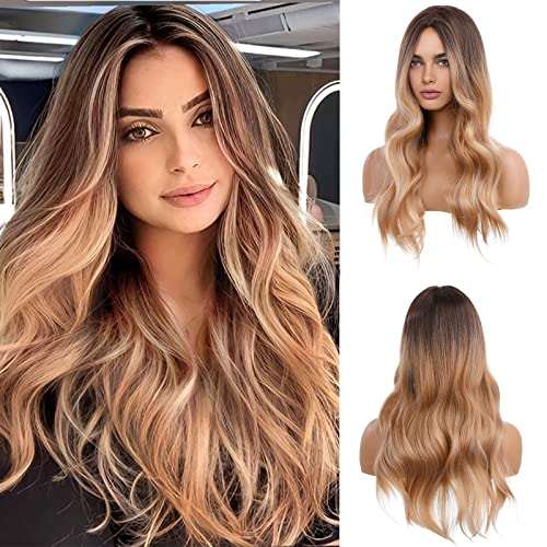 HAIRCUBE Long Curly Brown Wig with long loose waves, dark brown roots, caramel highlights and a middle part
