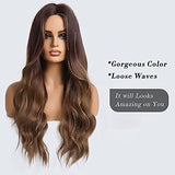 HAIRCUBE Long Curly Brown Wig with long, loose brown waves and a center part, shown on a mannequin