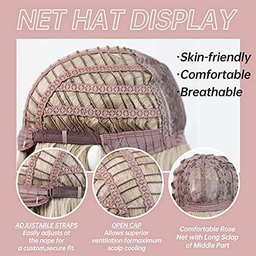HAIRCUBE Long Curly Brown Wig with a mauve rose-patterned open-cap net, adjustable straps and middle-part lace section