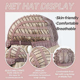 HAIRCUBE Long Curly Brown Wig with a mauve rose-patterned open-cap net, adjustable straps and middle-part lace section