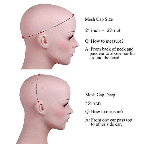 HAIRCUBE Long Curly Brown Wig sizing guide showing mesh cap circumference and depth measurements on a head diagram