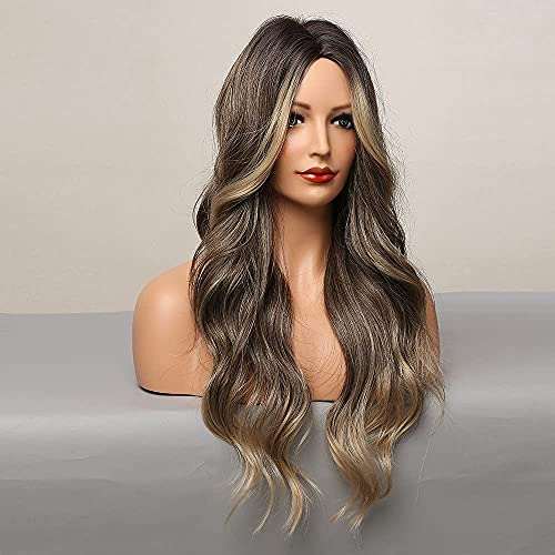 HAIRCUBE Long Curly Brown Wig with long loose waves, dark brown roots, lighter ash-brown lengths and a middle part