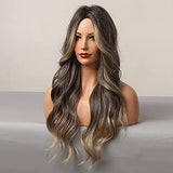 HAIRCUBE Long Curly Brown Wig with long wavy brown hair, lighter face-framing strands, and a middle part