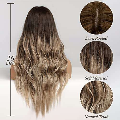 HAIRCUBE Long Curly Brown Wig with long wavy ombré hair, dark brown roots fading to blonde ends and a center part