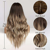 HAIRCUBE Long Curly Brown Wig with long wavy ombré hair, dark brown roots fading to blonde ends and a center part
