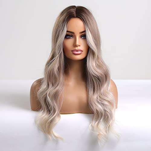 HAIRCUBE Long Curly Brown Wig with long loose waves, dark brown roots fading to ash blonde lengths and a center part