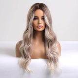 HAIRCUBE Long Curly Brown Wig with long loose waves, dark brown roots fading to ash blonde lengths and a center part